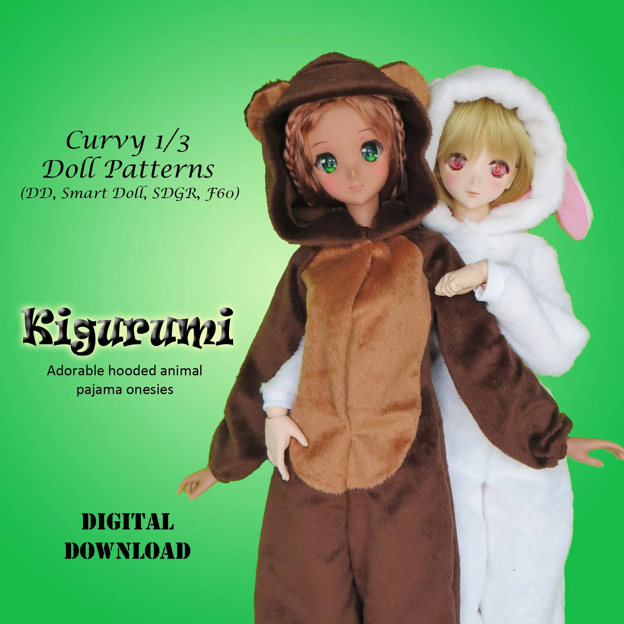 1/3 60cm Snuggle Bargain Bundle - A collection of collared pajamas and Kigurumi PJs with slippers - Downloadable RAD Doll Clothes PDF Sewing Patterns