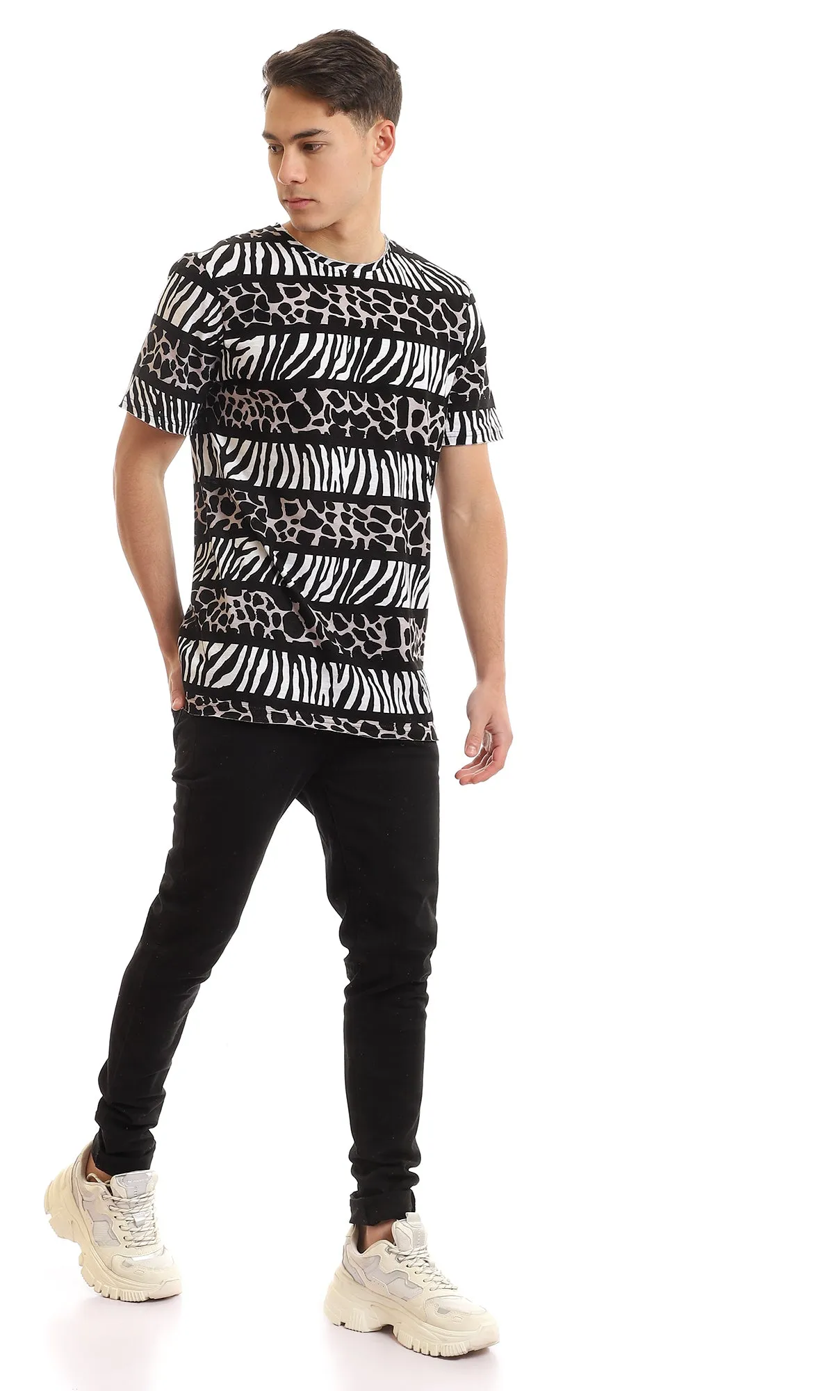 97174 Patterned Cotton Slip On T-Shirt - Black & White