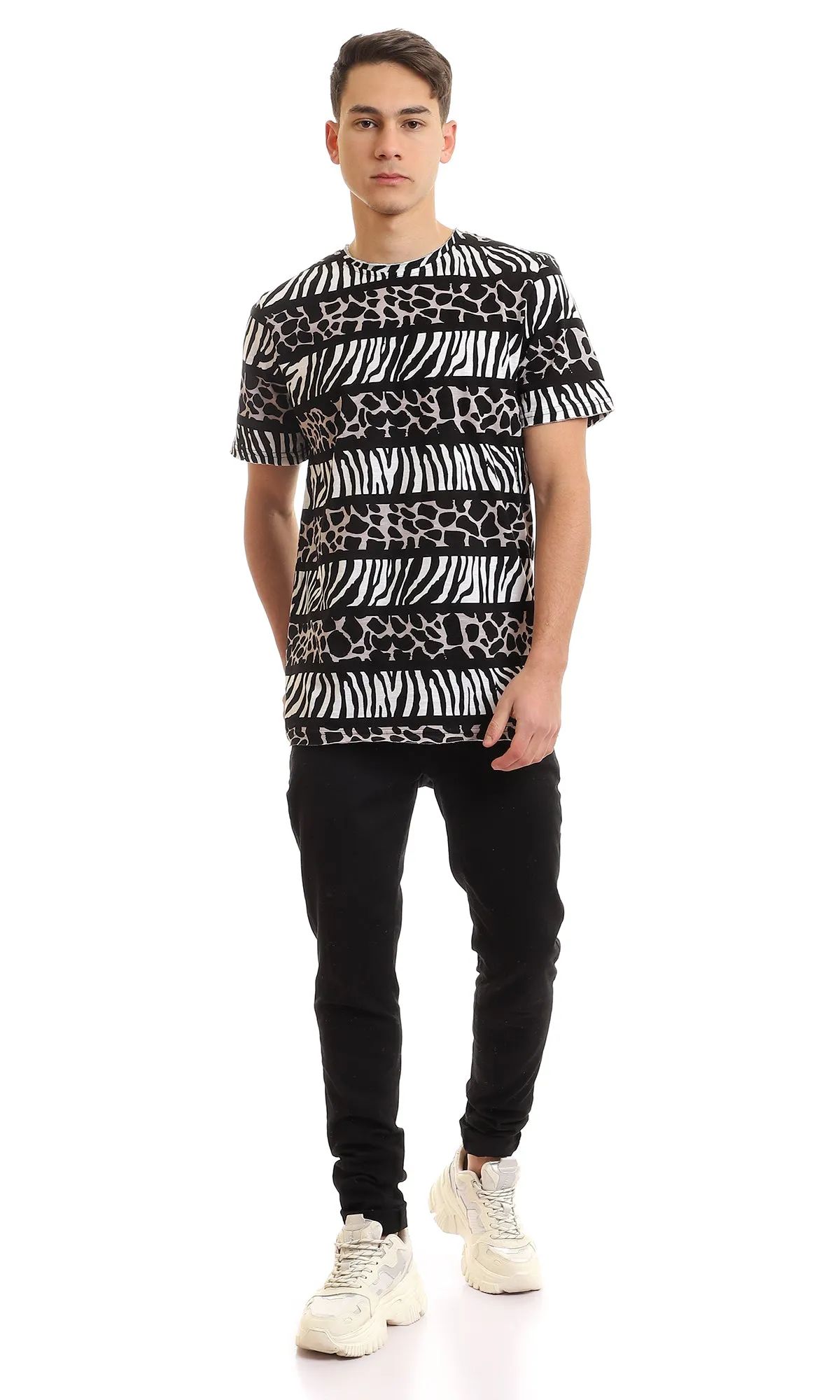 97174 Patterned Cotton Slip On T-Shirt - Black & White