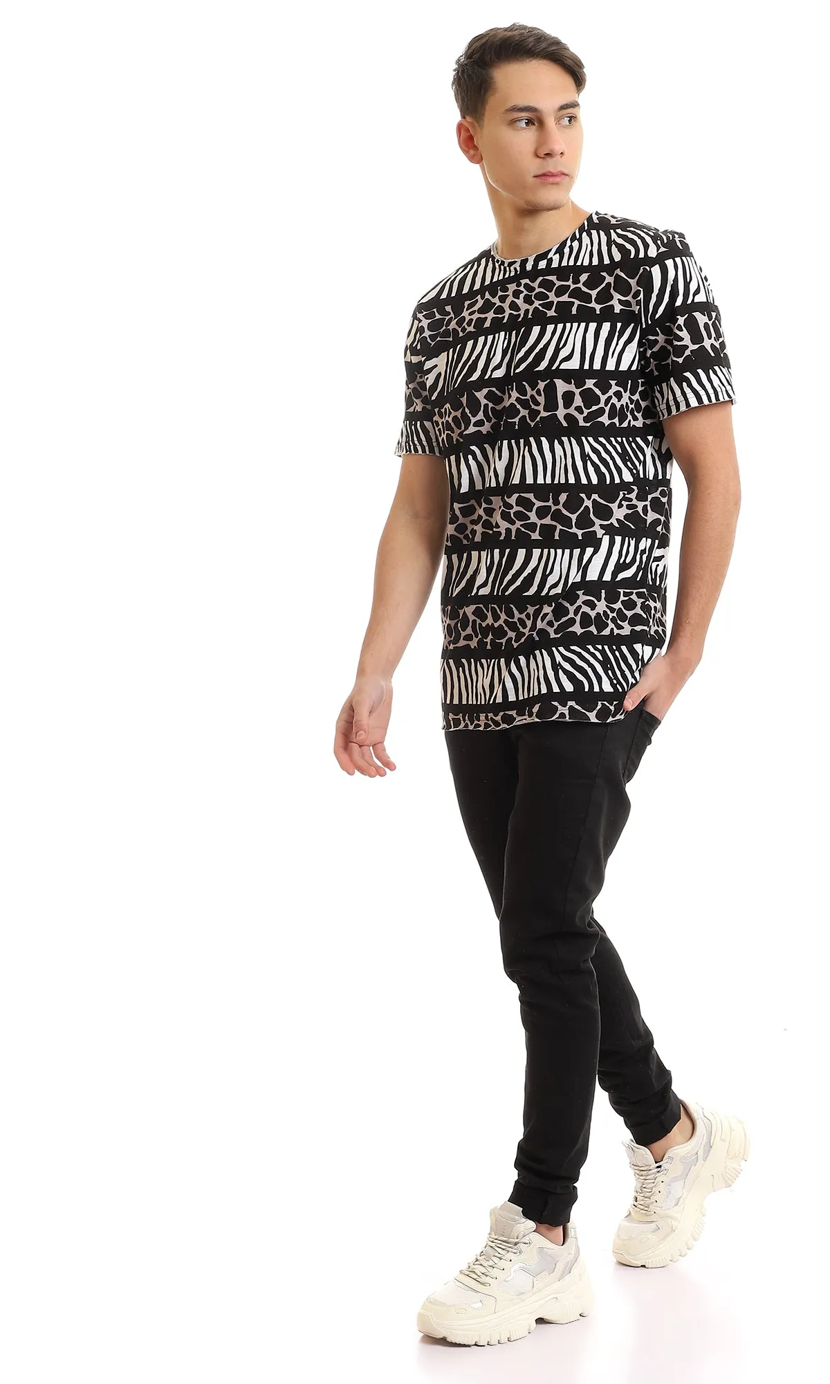 97174 Patterned Cotton Slip On T-Shirt - Black & White