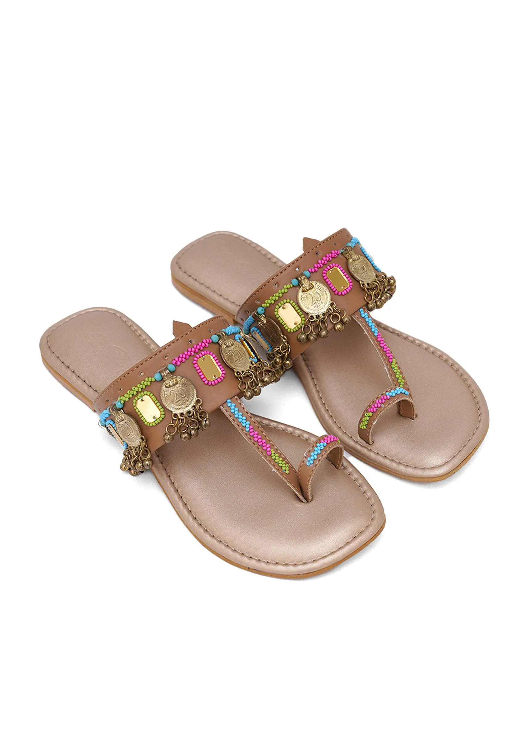 Beige Kolhapuri Flats With Gold Coin And Mirror Embroidery