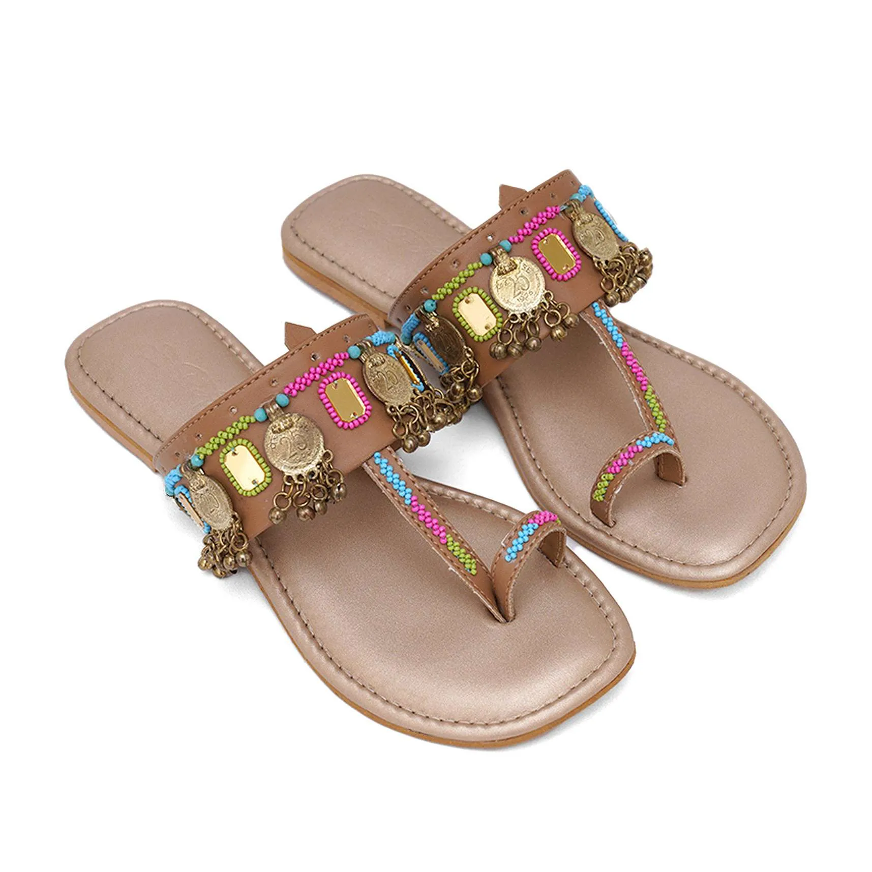 Beige Kolhapuri Flats With Gold Coin And Mirror Embroidery