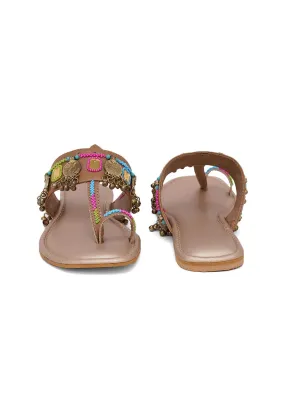 Beige Kolhapuri Flats With Gold Coin And Mirror Embroidery