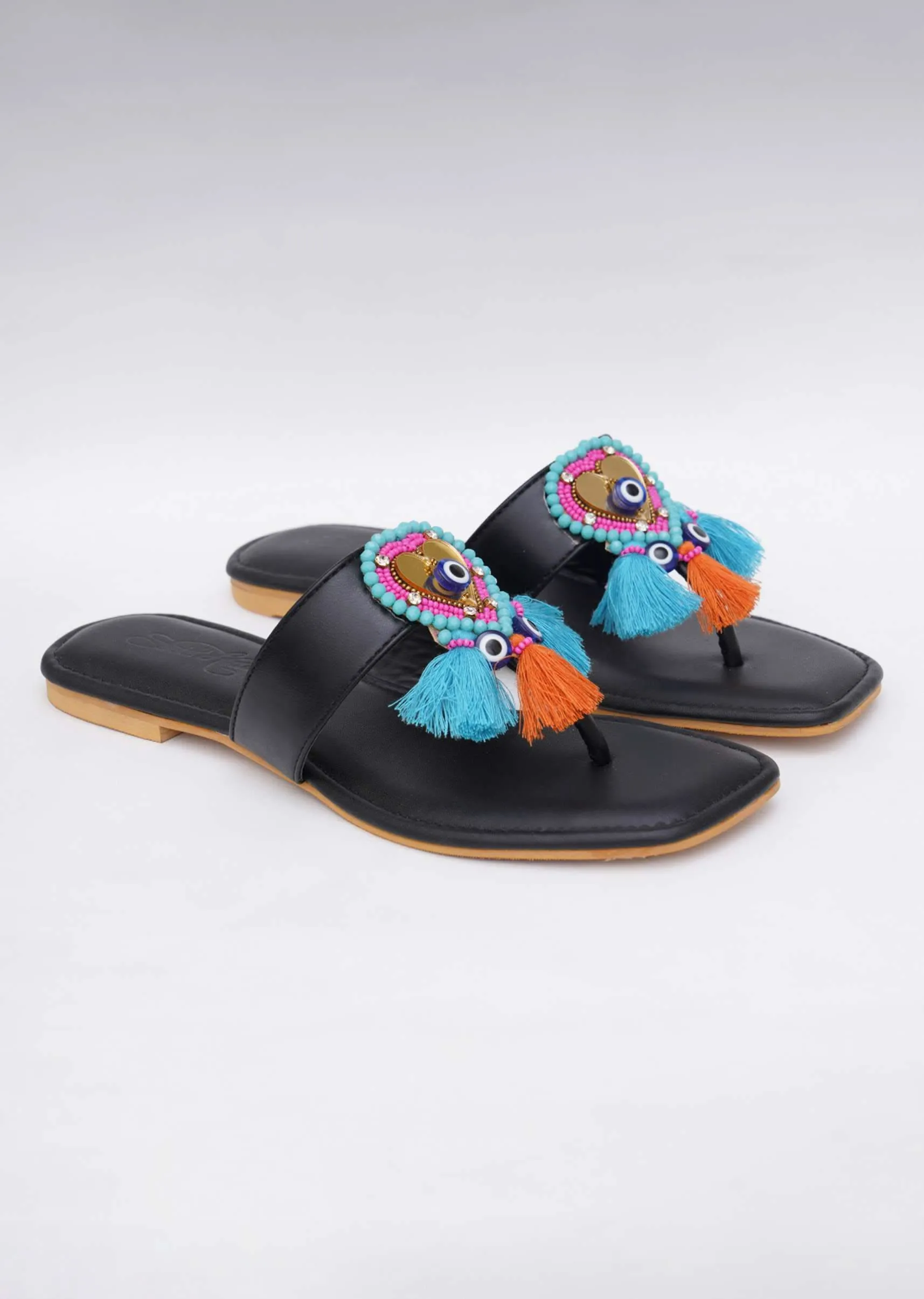 Black Embroidered Boho Heart Flats In Soft Faux Leather