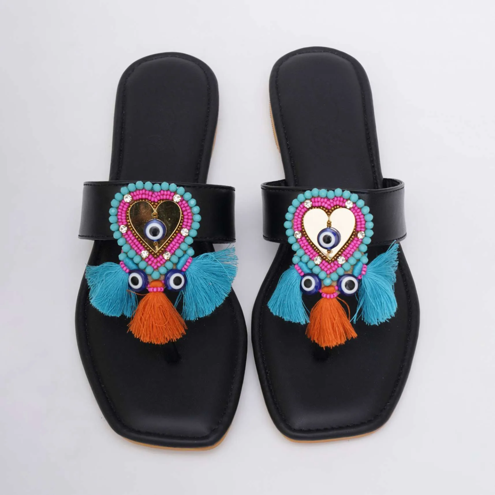 Black Embroidered Boho Heart Flats In Soft Faux Leather
