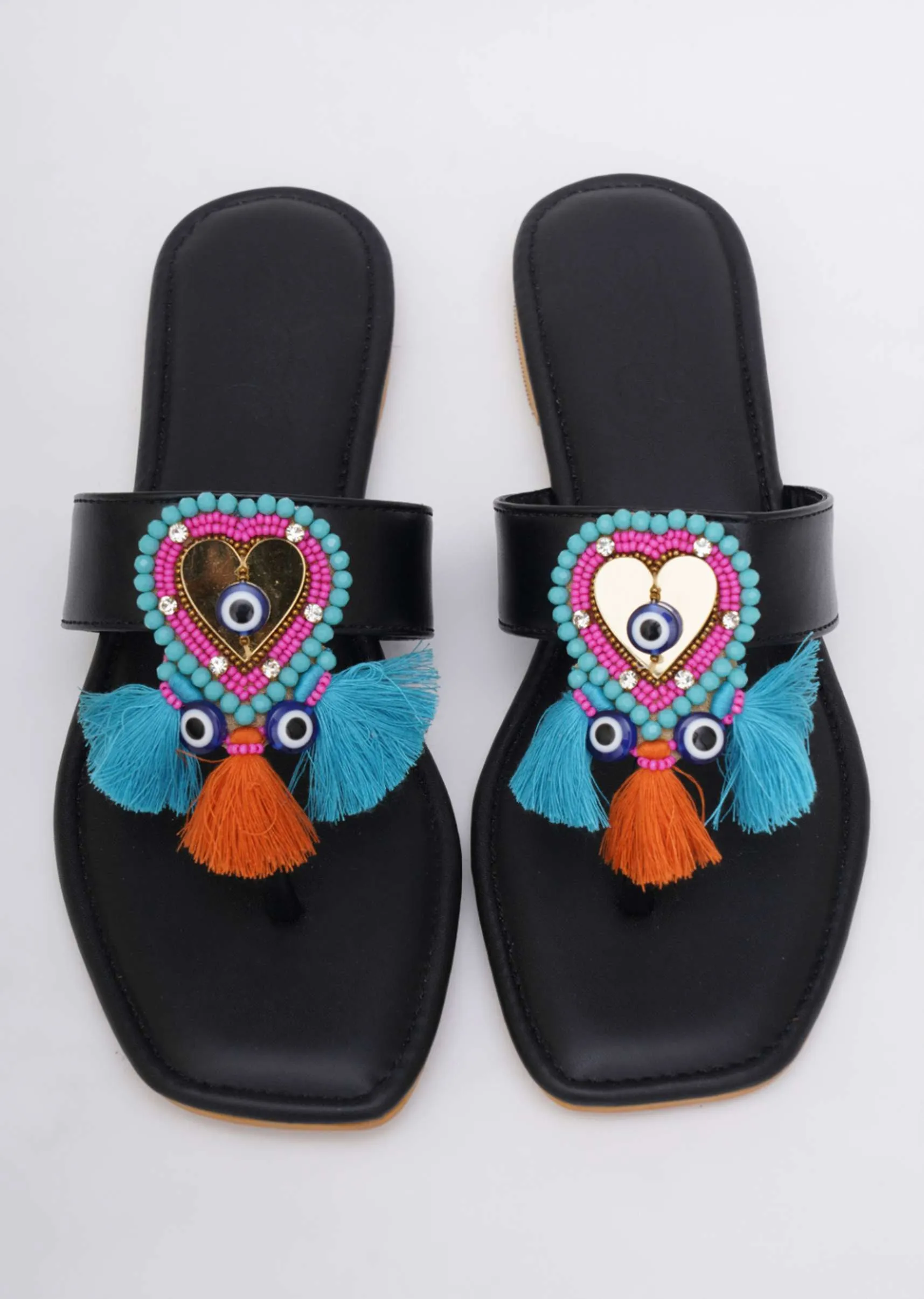 Black Embroidered Boho Heart Flats In Soft Faux Leather