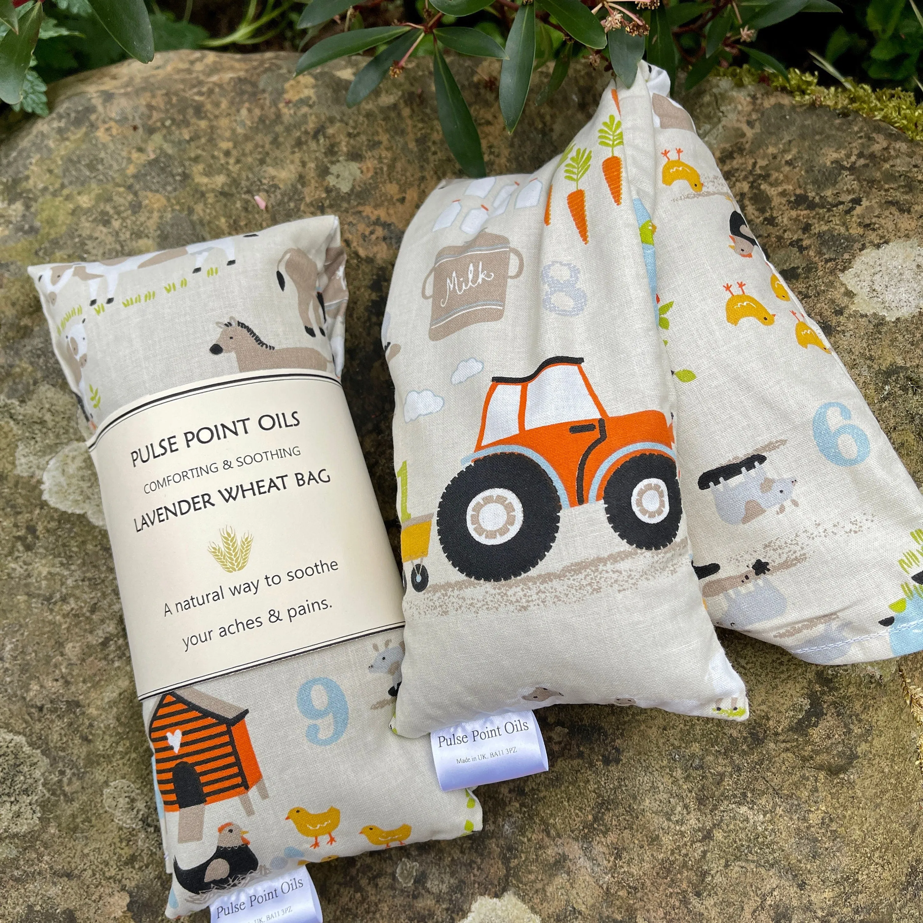 Children’s wheat bag, farm life heating pad for boys and girls. Bedtime comforter for warmth and snuggles