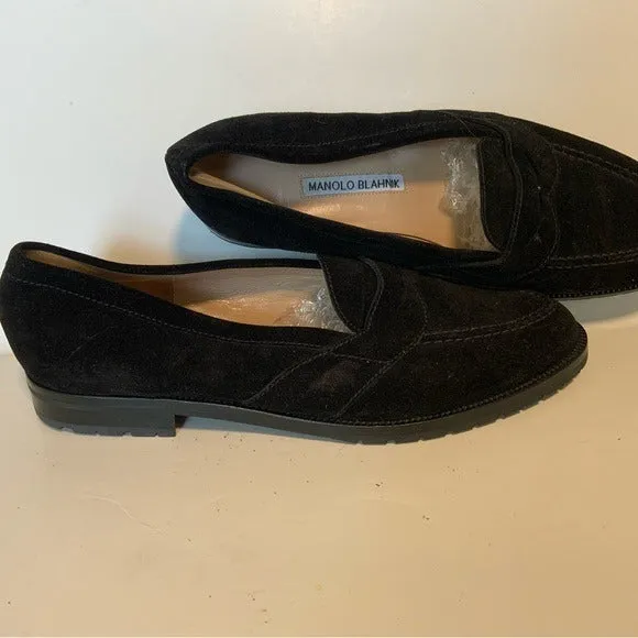 Manolo Blahnik Black Suede Loafer Almond Toe Flats