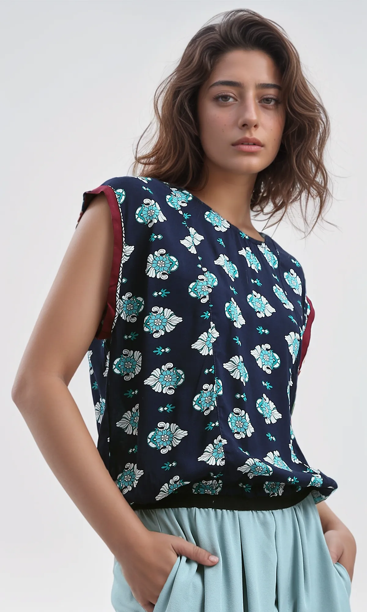 O180012 Sleeveless Regular Fit Navy & Baby Blue Summer Top