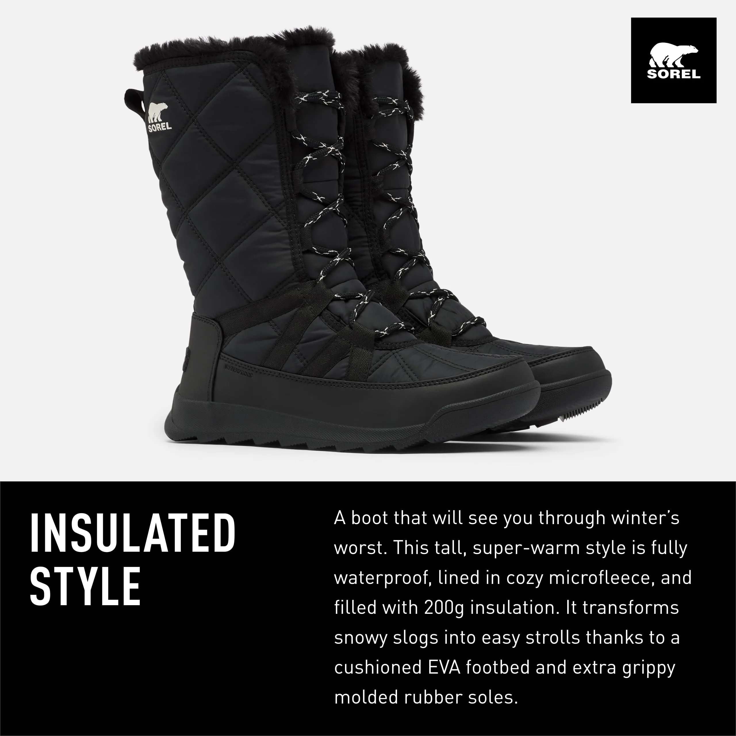 Sorel Whitney II Tall Black Waterproof Lace Up Insulated Knee Boots