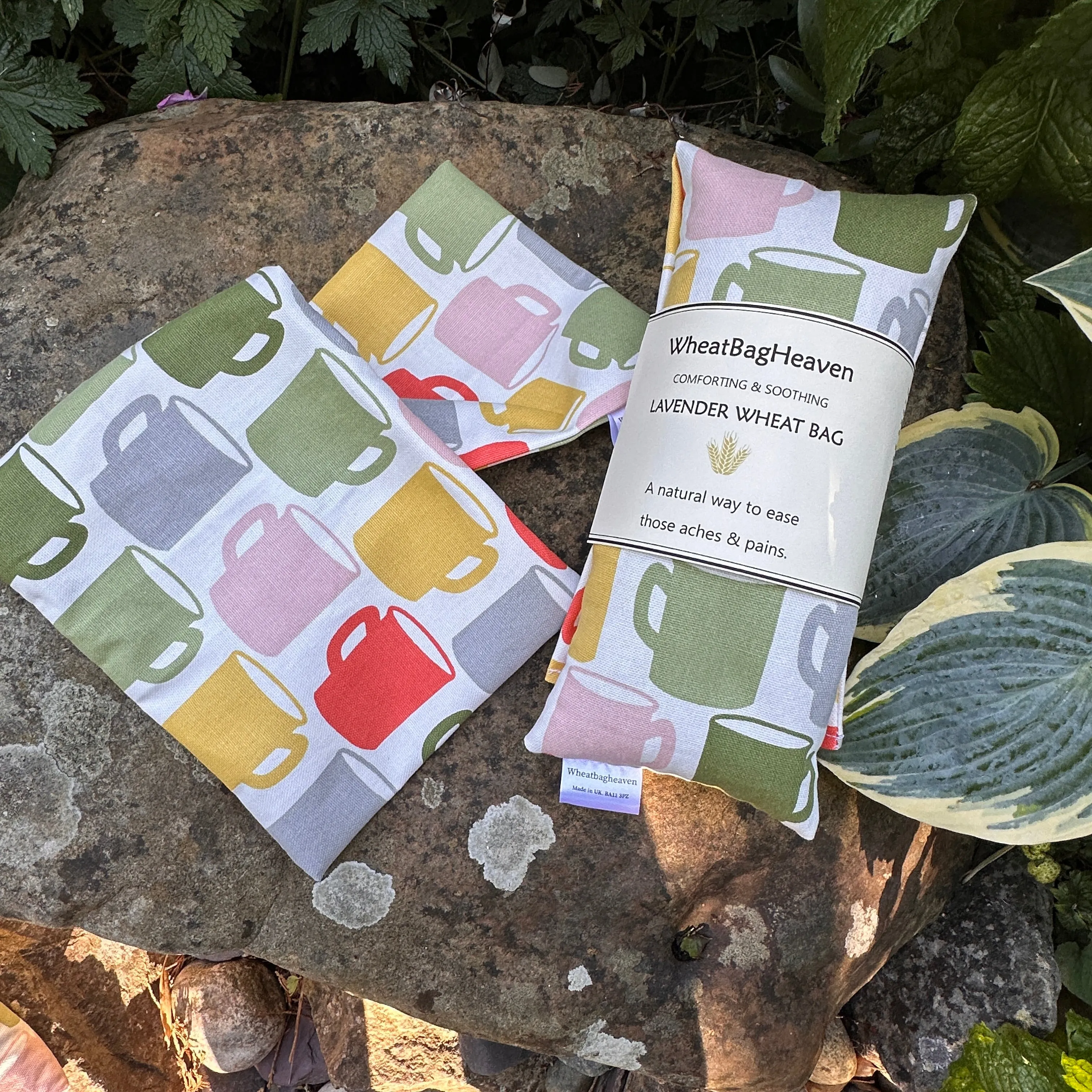 Tea/coffee lover lavender scented wheat neck bag. Practical, reheat-able natural pain relief soothing care wheat bag