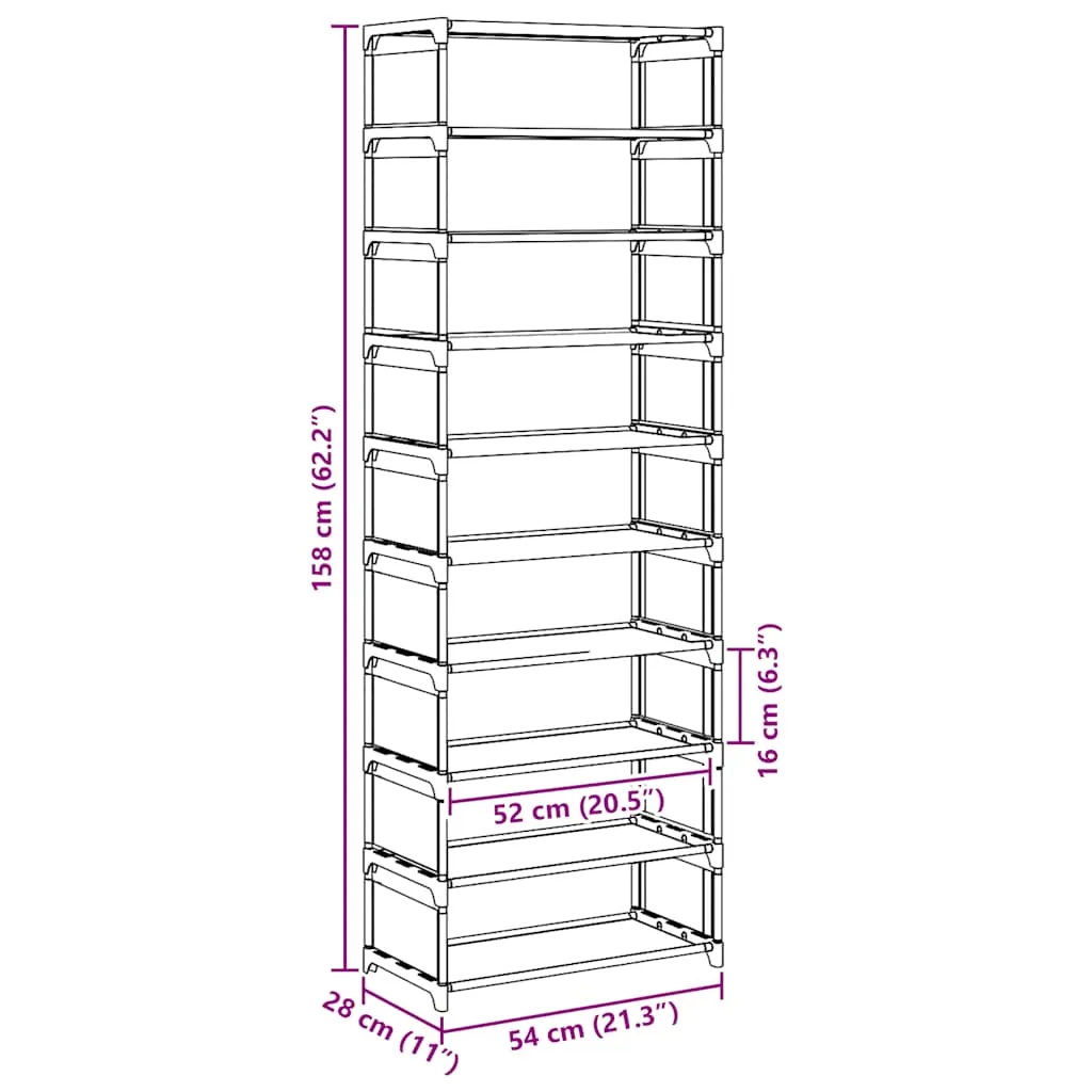 vidaXL Shoe Rack 10-Tier Grey 54x28x158 cm Non-woven Fabric